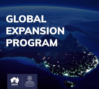 Global Expansion Program text overlayed on satellite image of Australia